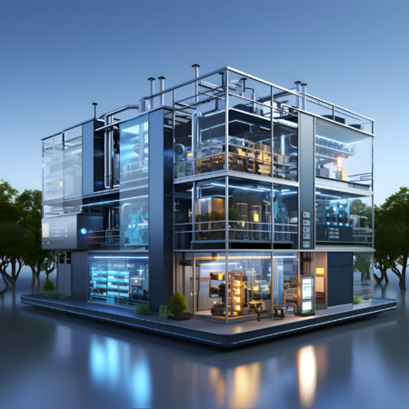 3d render of a modern office building with a glass facade.